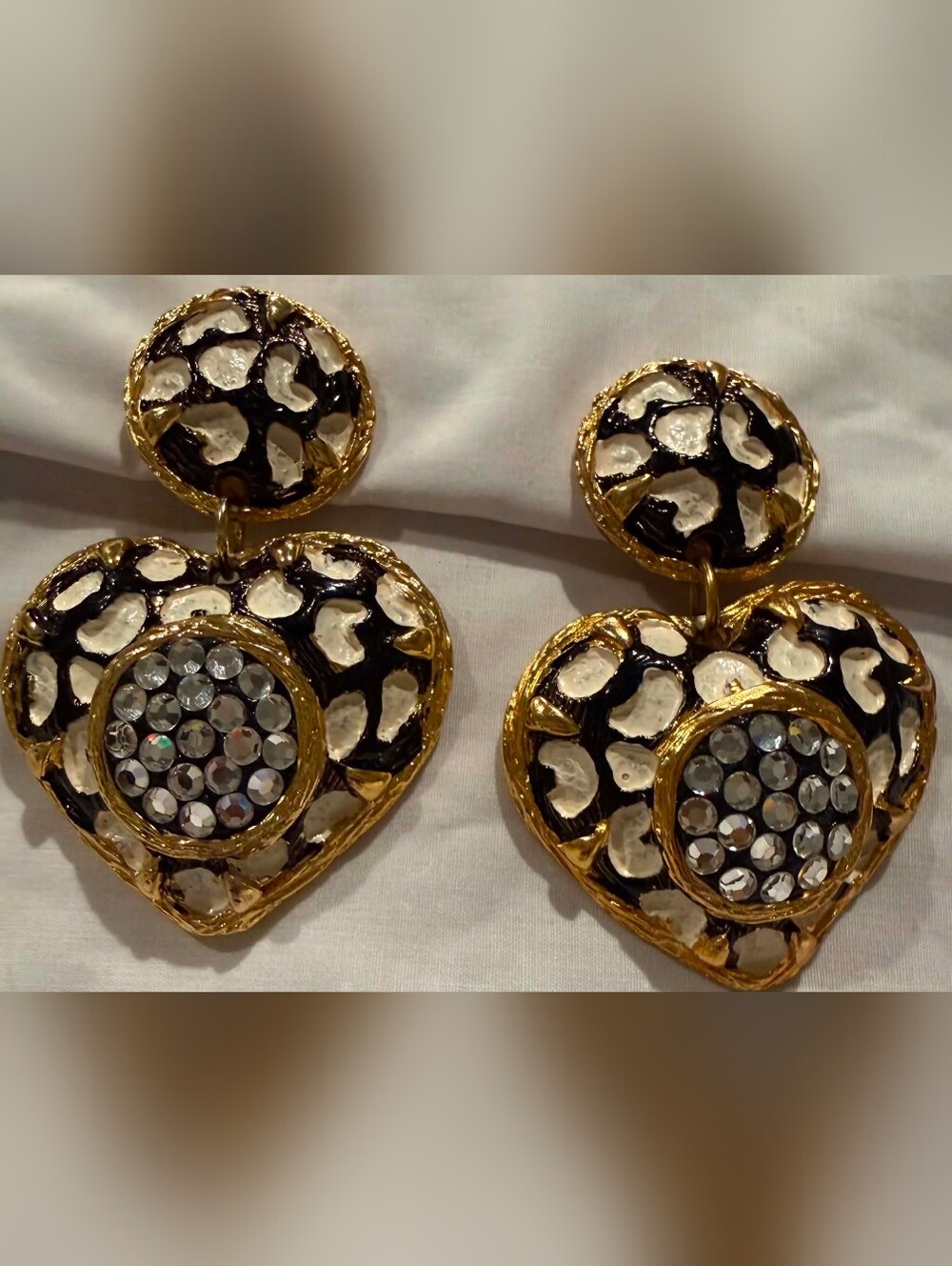 Jacky De G Gold-Tone Black & White Heart Drop Earrings with Rhinestone Accent